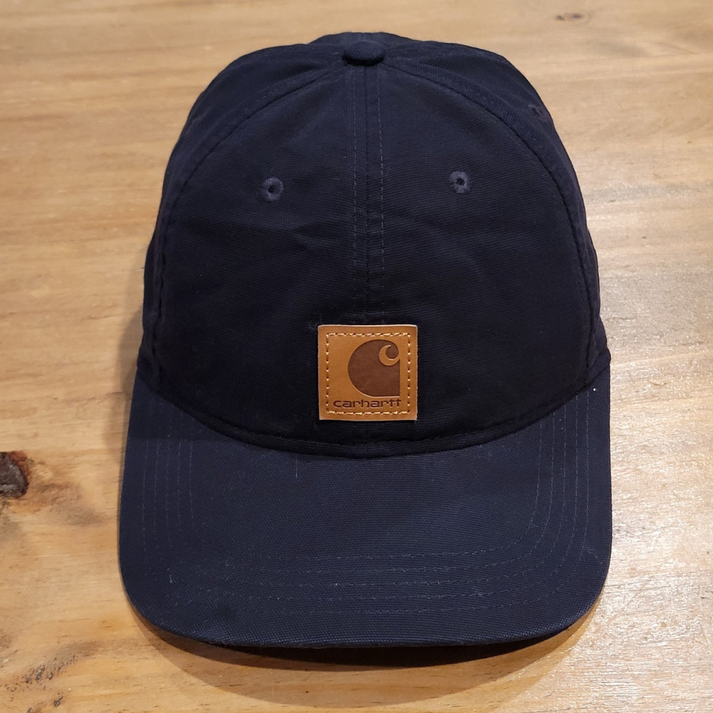 Carhartt Hat Cap Strap Back Black Leather Square Patch One Size Adjustable